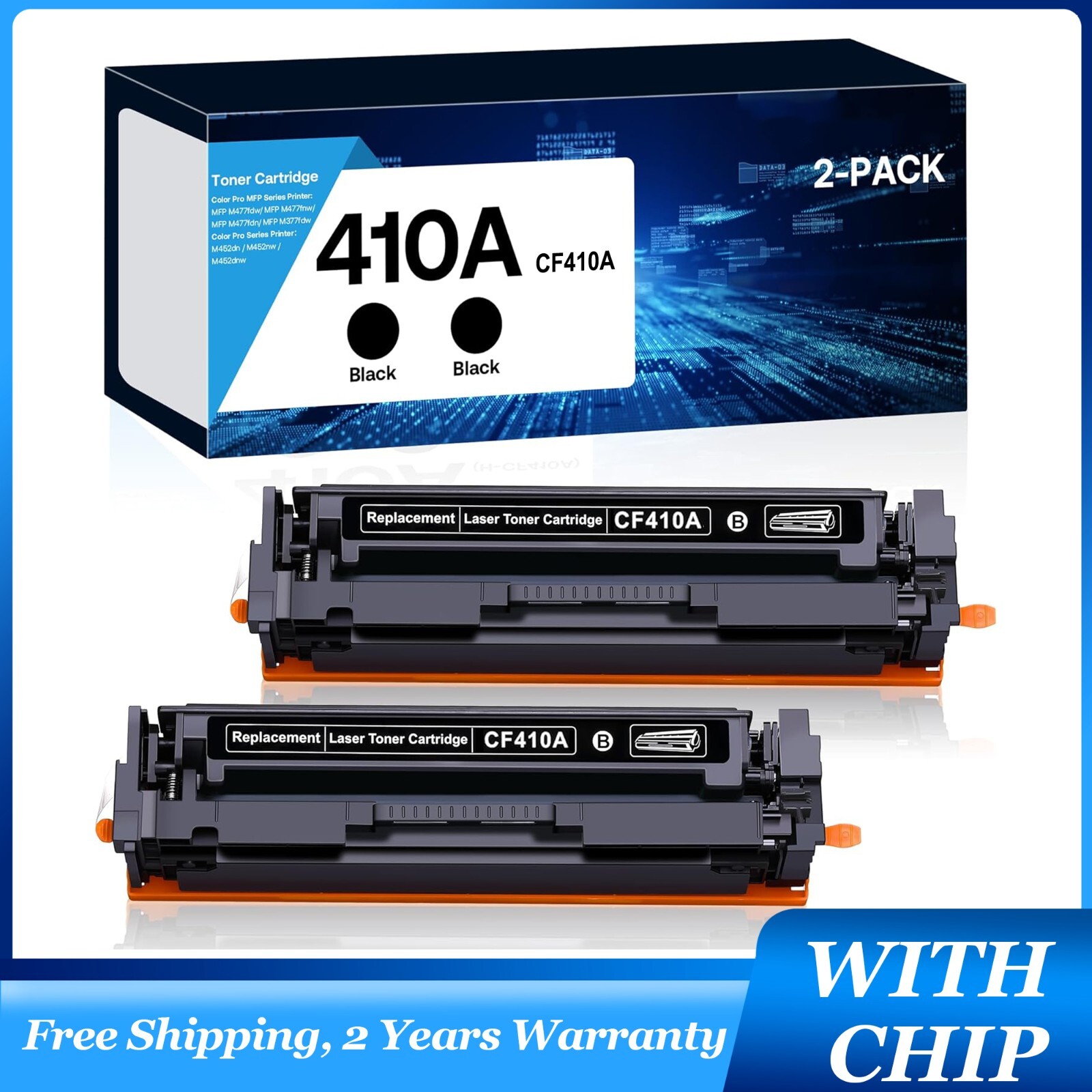 2-Pack CF410A Black Toner with Chip for HP 410A LaserJet Pro MFP M377dw M477fnw