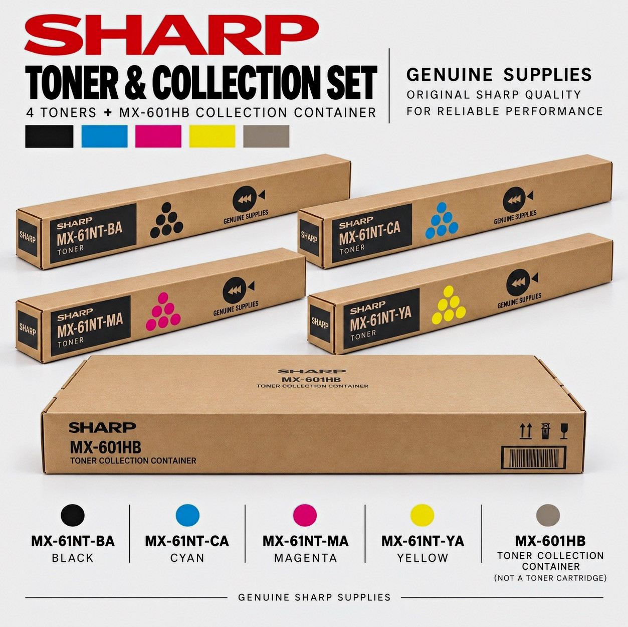 Sharp MX-61NT Genuine Toner Set BK/C/M/Y + MX-601HB Collection Container