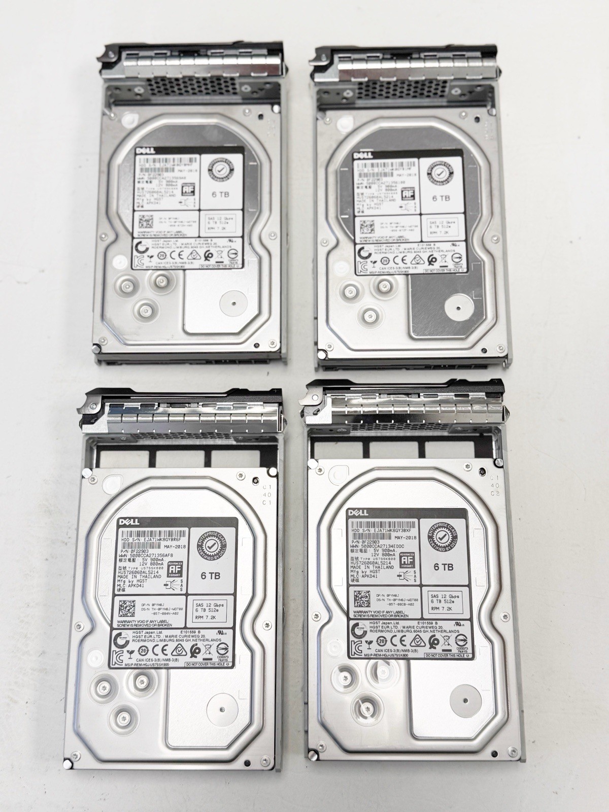 4X Dell 6TB SAS 3.5" 7.2K 12G Hard Drives HUS726060AL5214 w/Trays