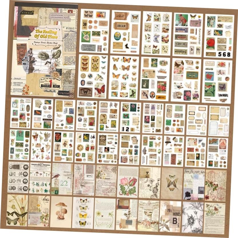 Vintage Sticker & Paper Book, 50 Sheets, Old Time Beige