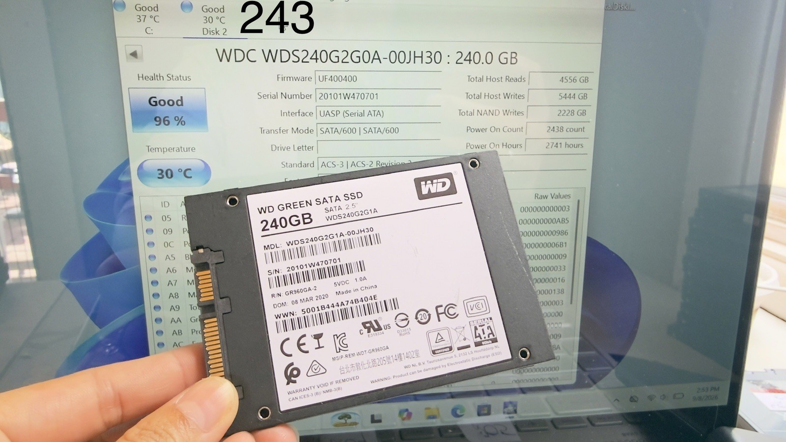 Western Digital Green SATA 240GB SSD WDS240G2G1A-00JH30 Health 96%