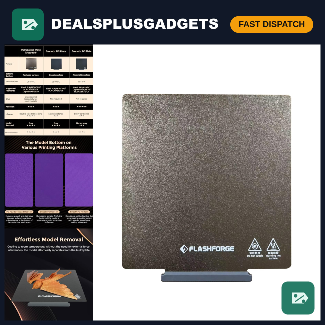 Double-Sided PEI Powder-Coated Platform for 3D Printers, Tool-Free Removal, Auto
