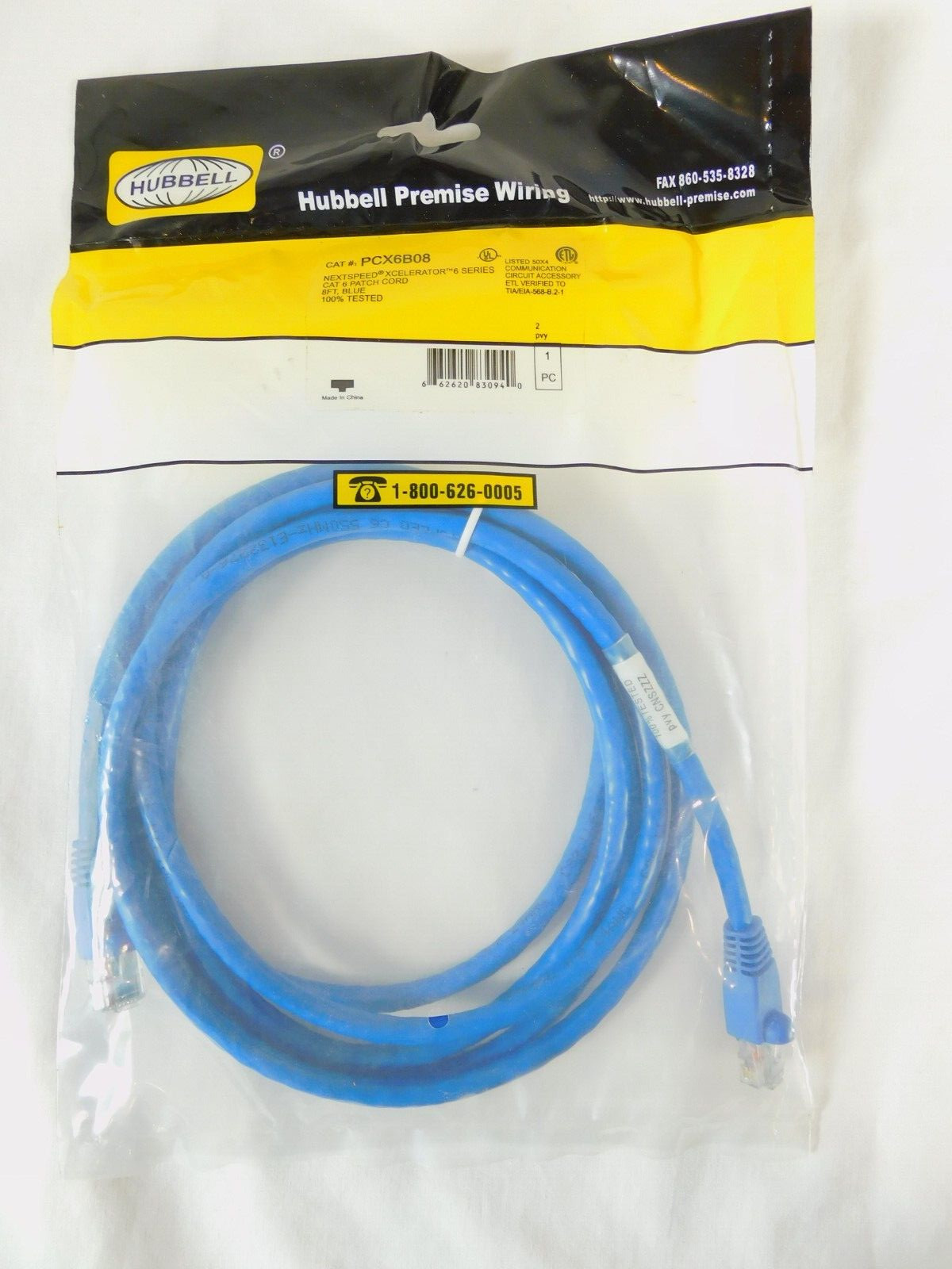 Cat6 Patch Cords Hubbell NextSpeed Xcelerator PCX6B08 - 8 Feet - QUANTITY OF 6
