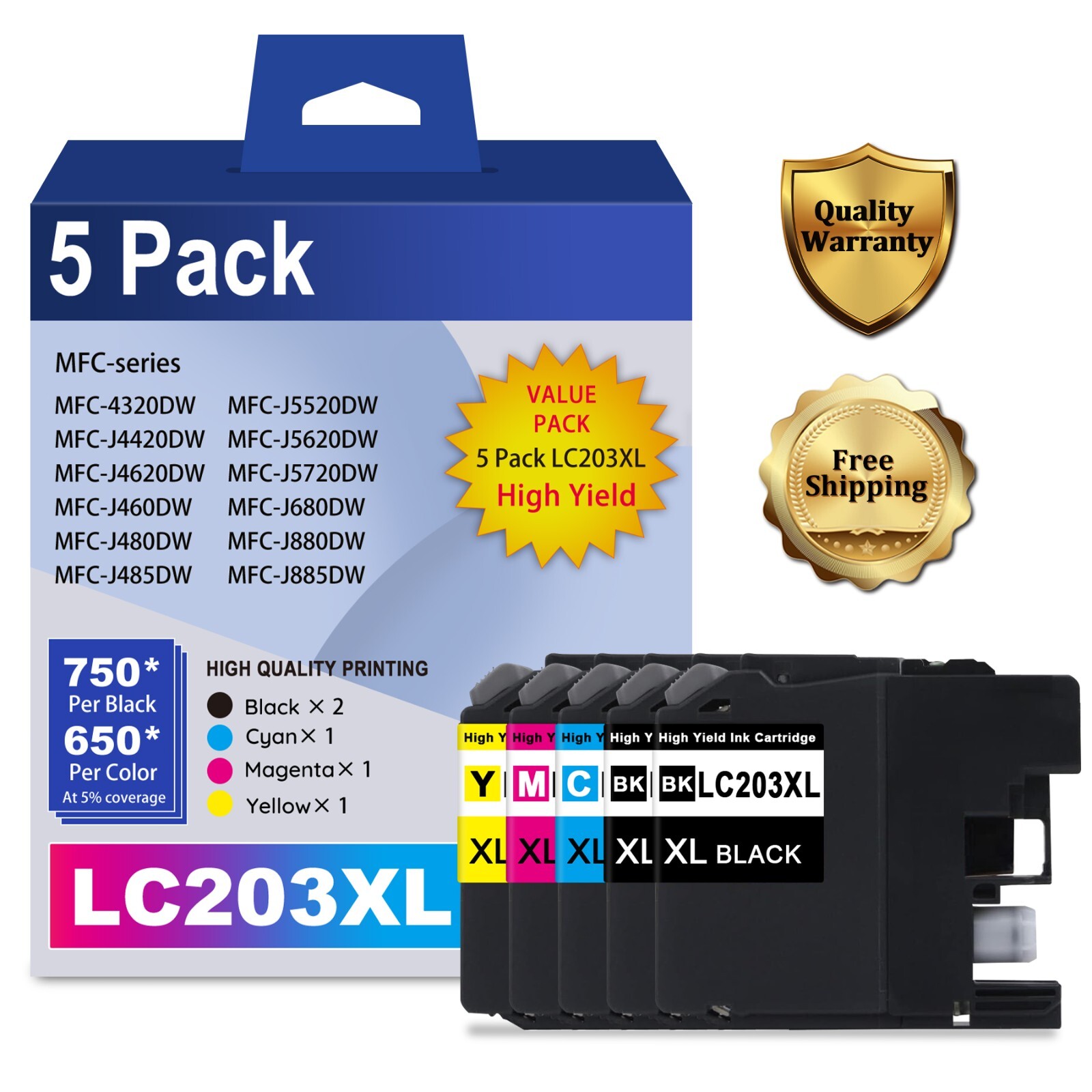LC203XL Ink Cartridge 5-Pack for Brother MFC-J480DW MFC-J680DW Printers