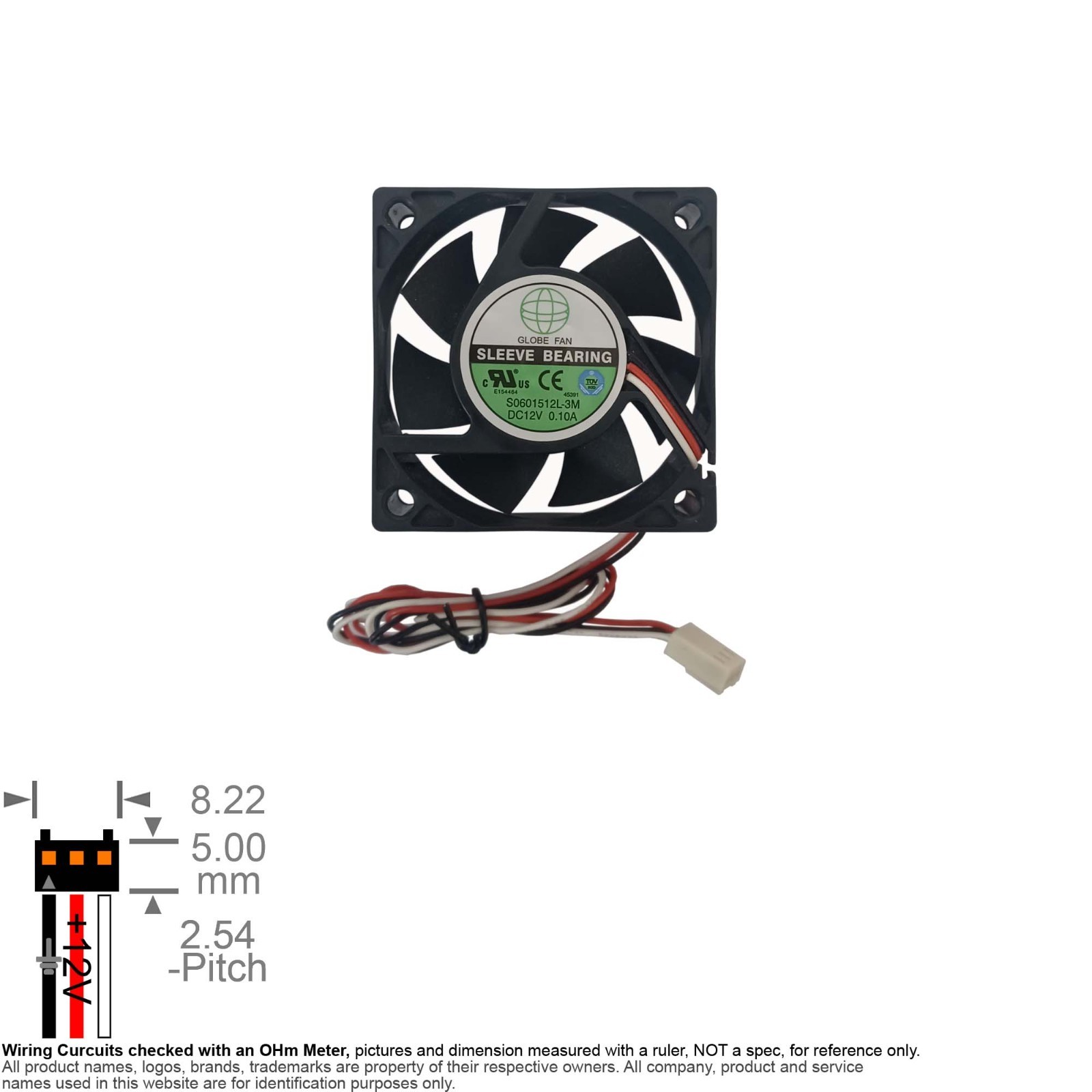 Fan Axial Muffin Cooling DC 12V  60mm 60x60x15 Globe S0601512L-3M 0.10A