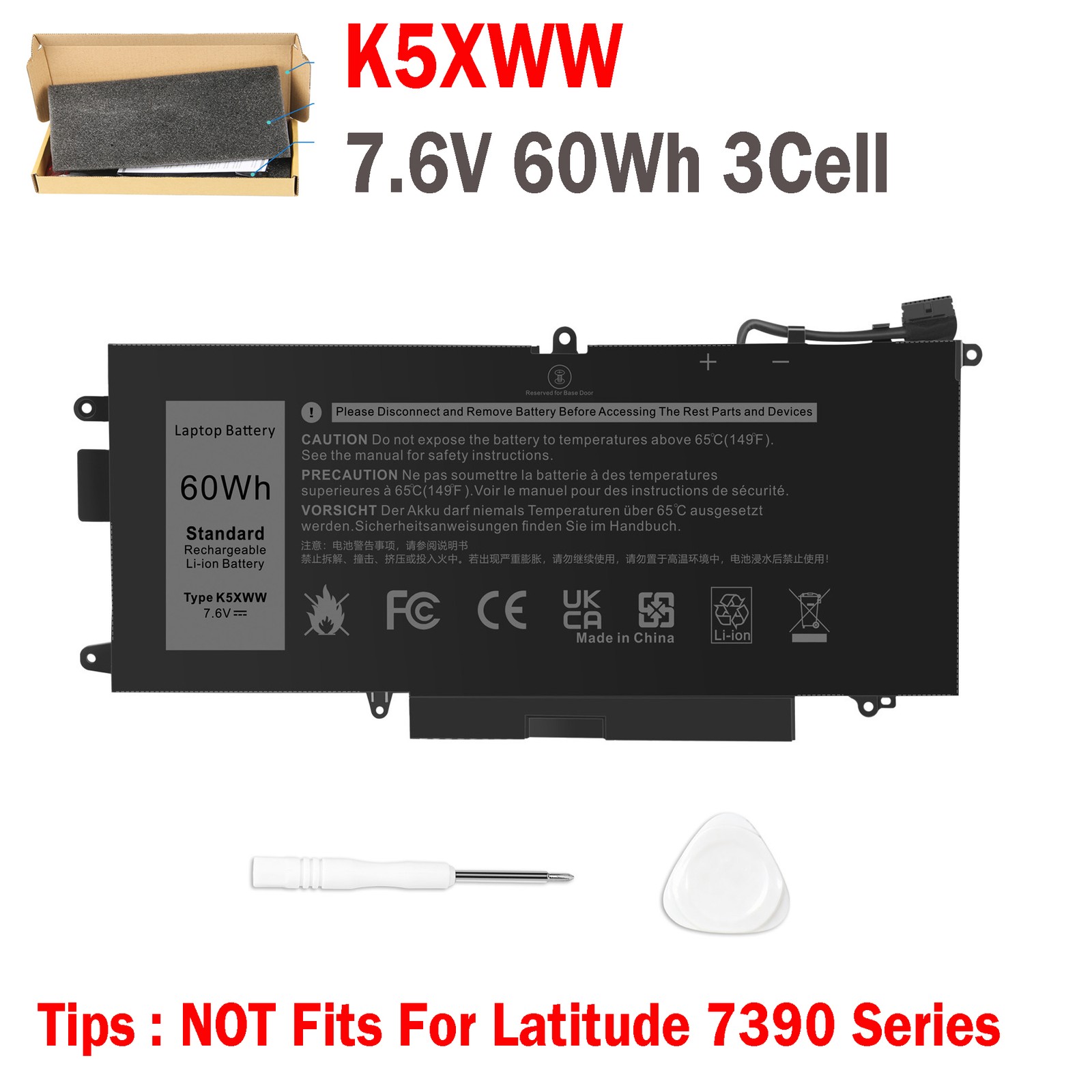 LOT K5XWW 71TG4 Battery For Dell Latitude 5289 7389 7390 2-in-1 Serie 7.6V 60Wh