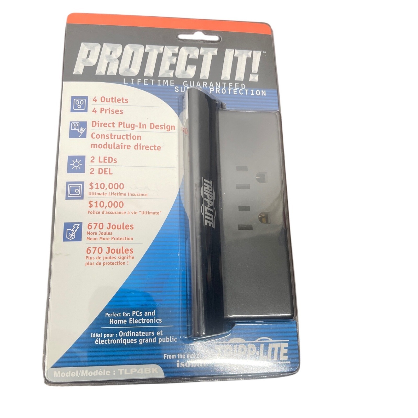 Tripp Lite TLP4BK Protect It 4 Outlet Surge Protector Direct Plug-In 670 Joules