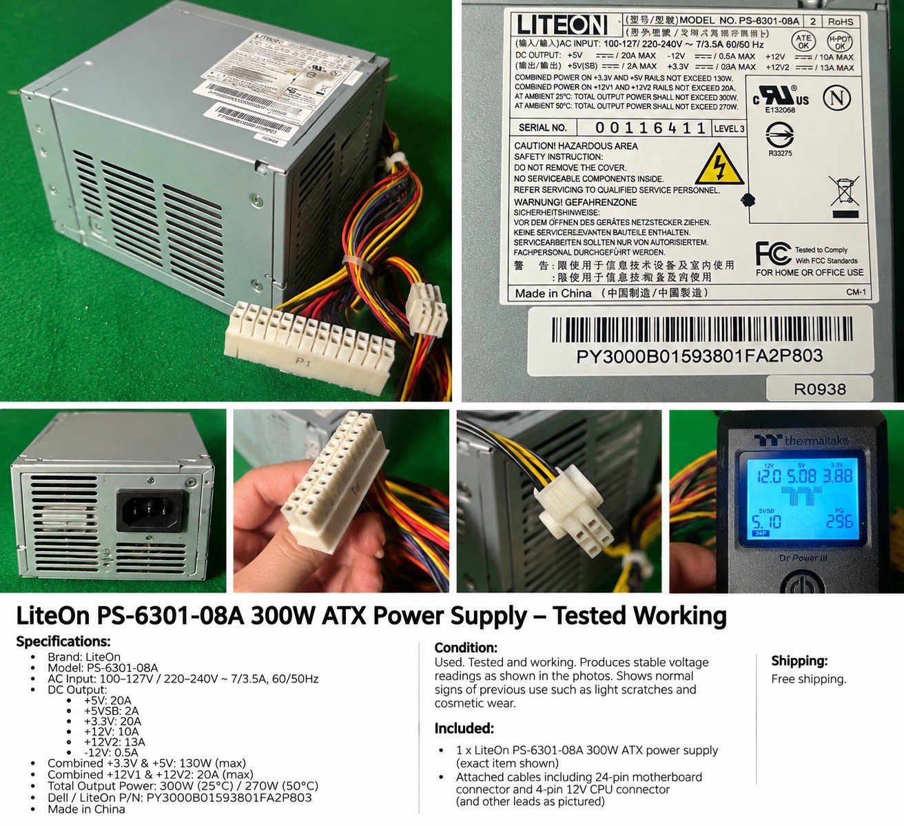 LiteOn PS-6301-08A 300W ATX Power Supply 24-Pin Tested Working @2I