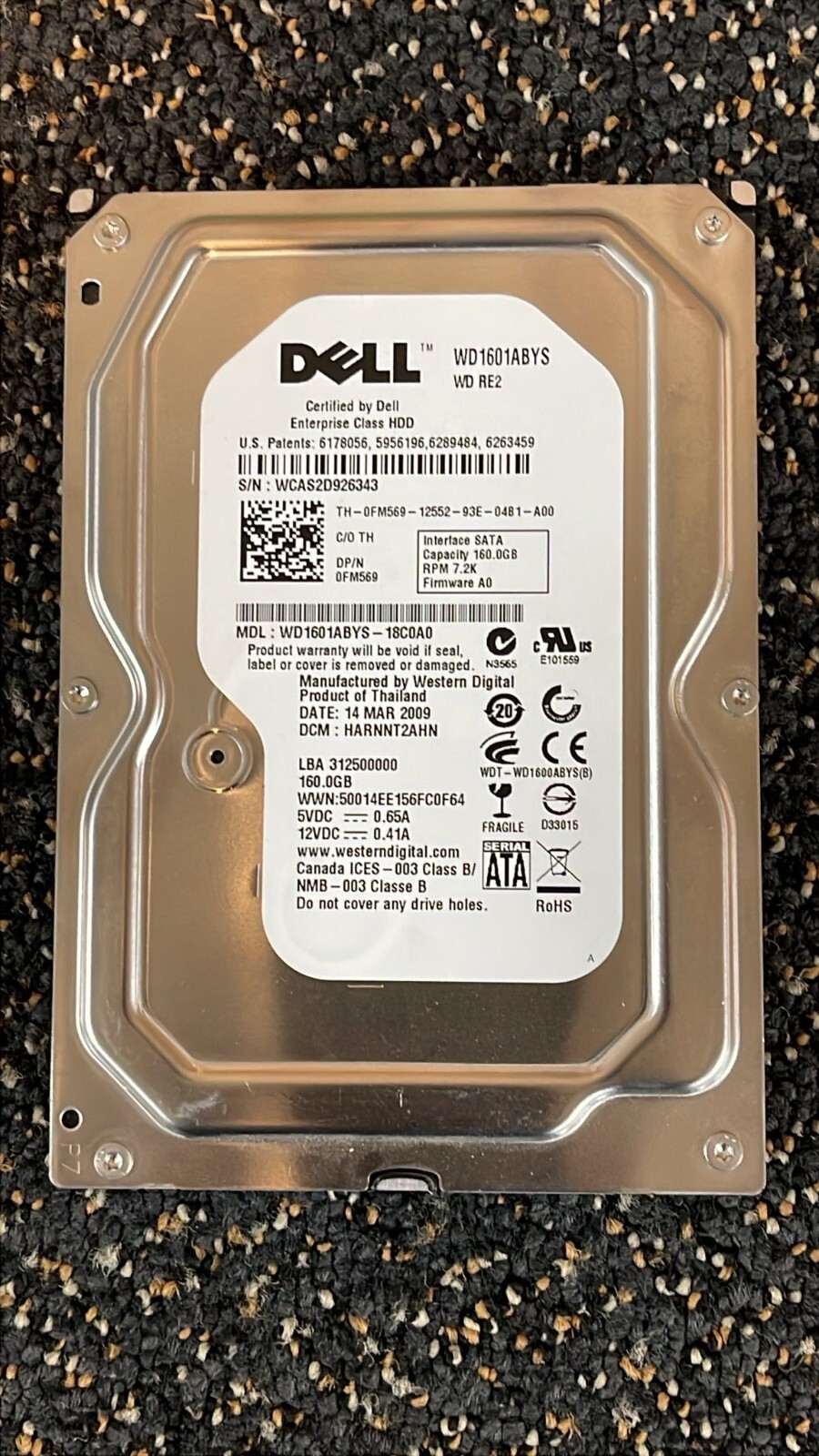 FM569 WD1601ABYS Dell ENTERPRISE 160GB 7.2K RPM 3Gb/s 3.5" SATA HDD Hard Drive
