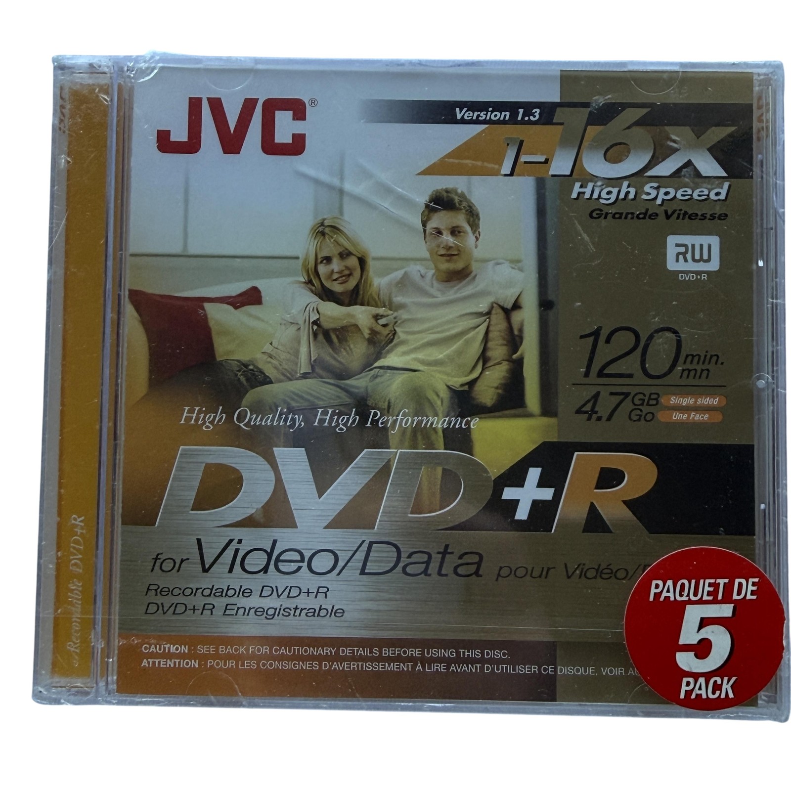 JVC DVD+R 5 Pack 4.7GB 120min 16x Recordable Blank Media Discs VP-R47GU5