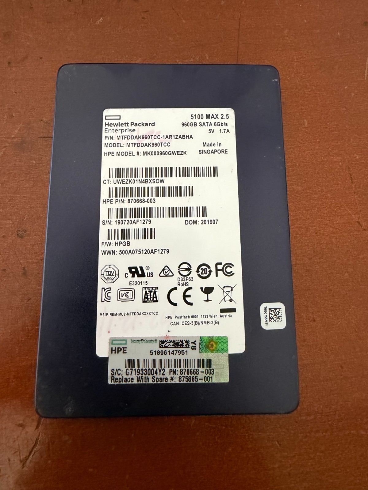 HPE 875474-B21 875865-001 960GB SATA 6G MIXED USE SFF (2.5IN) SC DS SSD