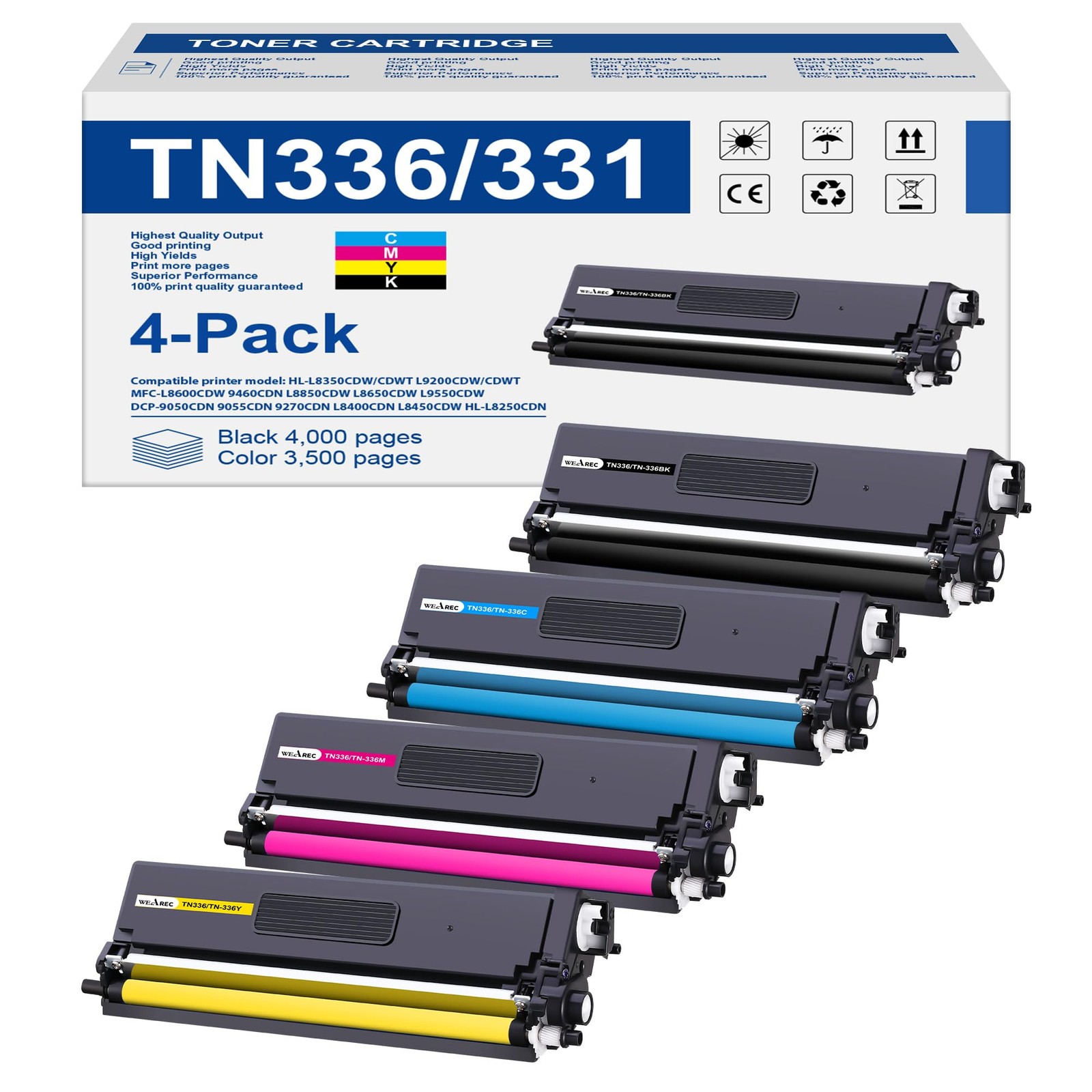 TN336 Compatible Toner Cartridge High Yield for Brother HL-L8350CDW 4 Pack