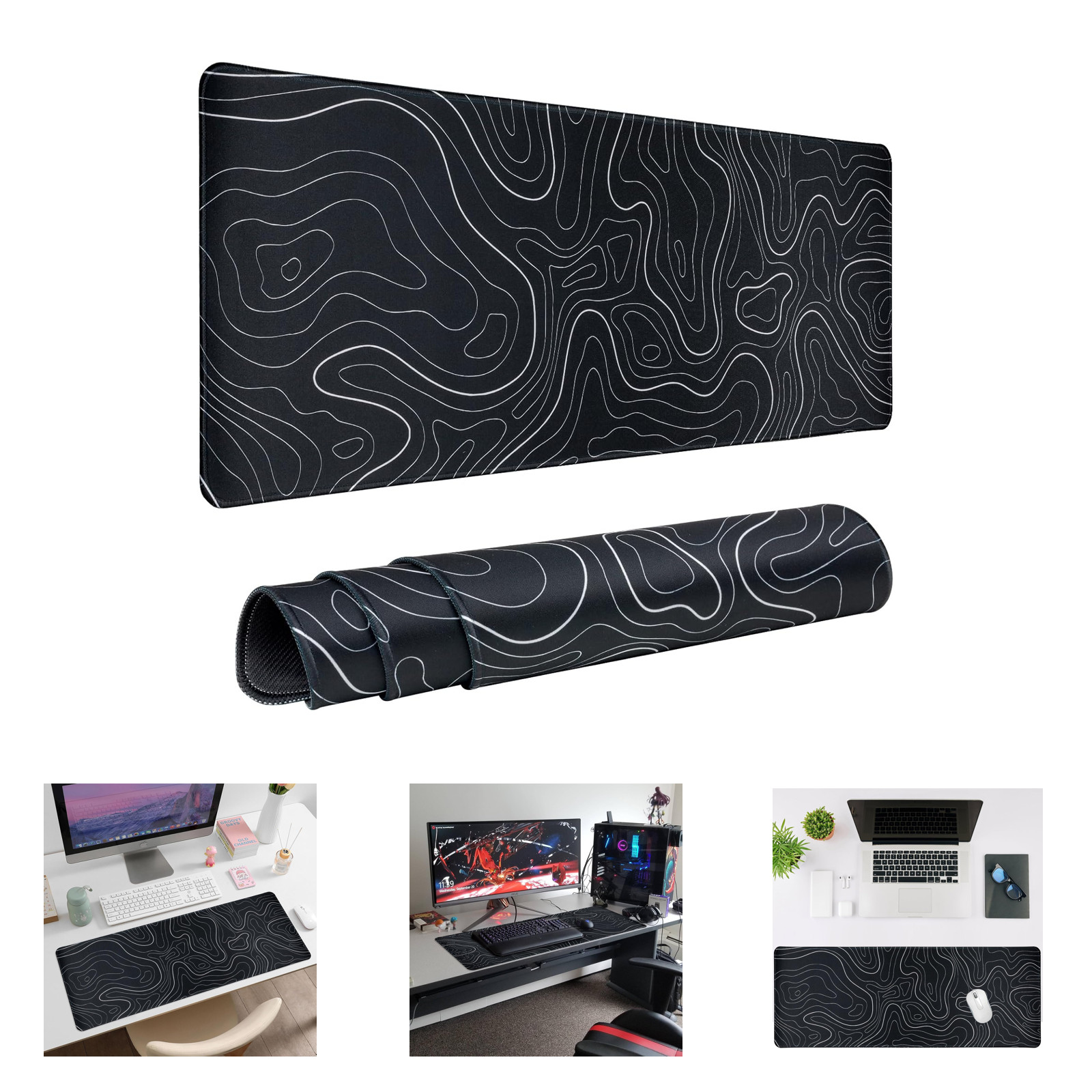 Gaming Mouse Pad Large 31.5 x 11.8 Inch Topographic Desk Mat Non Slip Edge