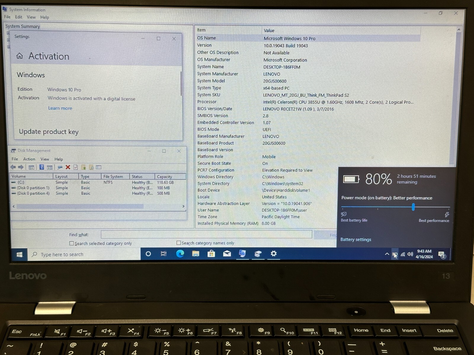 Lenovo Thinkpad 13 3855 @ 1.6GHz, 8GB RAM, 128GB SSD, NO AC #04