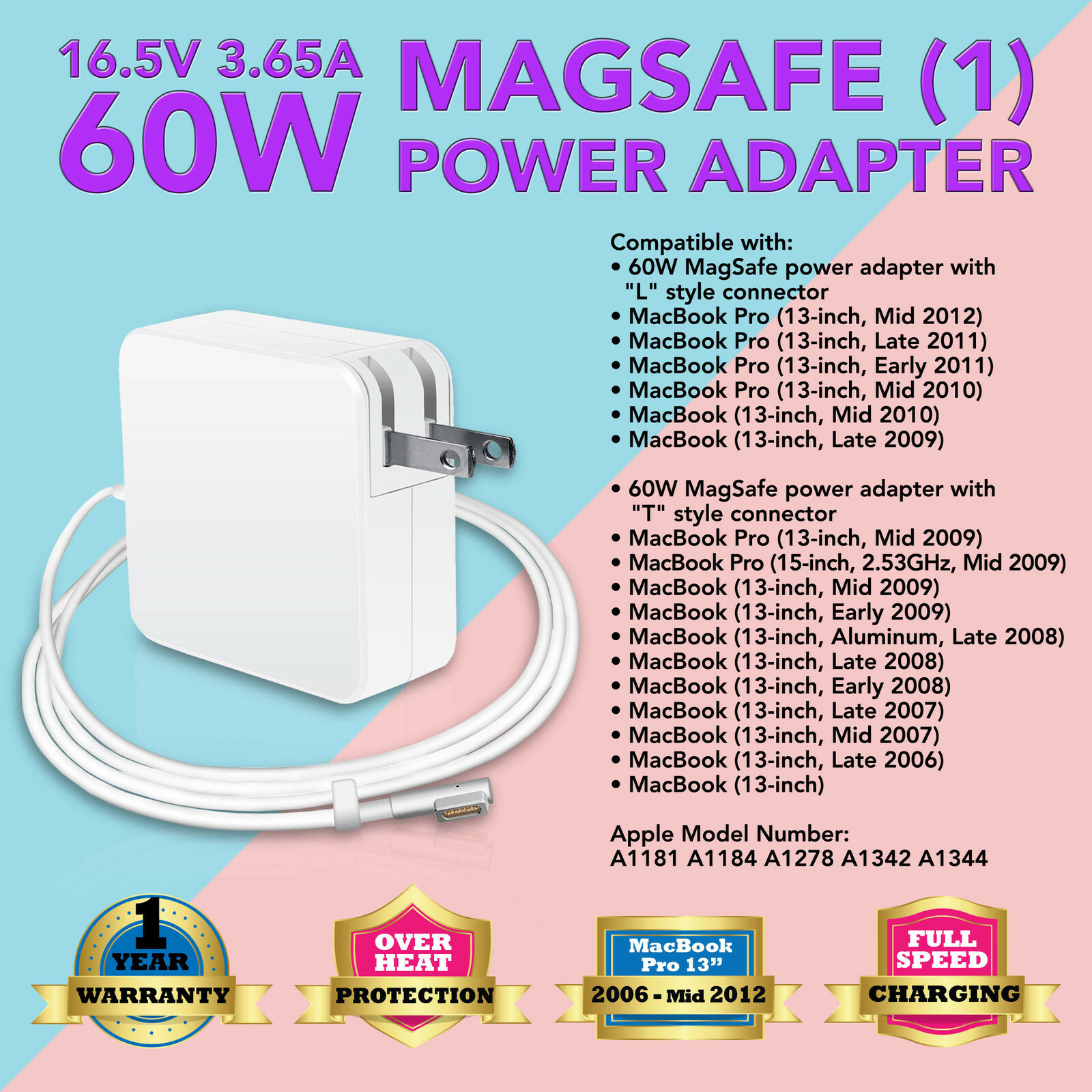 60W L-tip Power Supply Charger Cord for Apple MacBook 13" 13.3" inch A1184 A1278