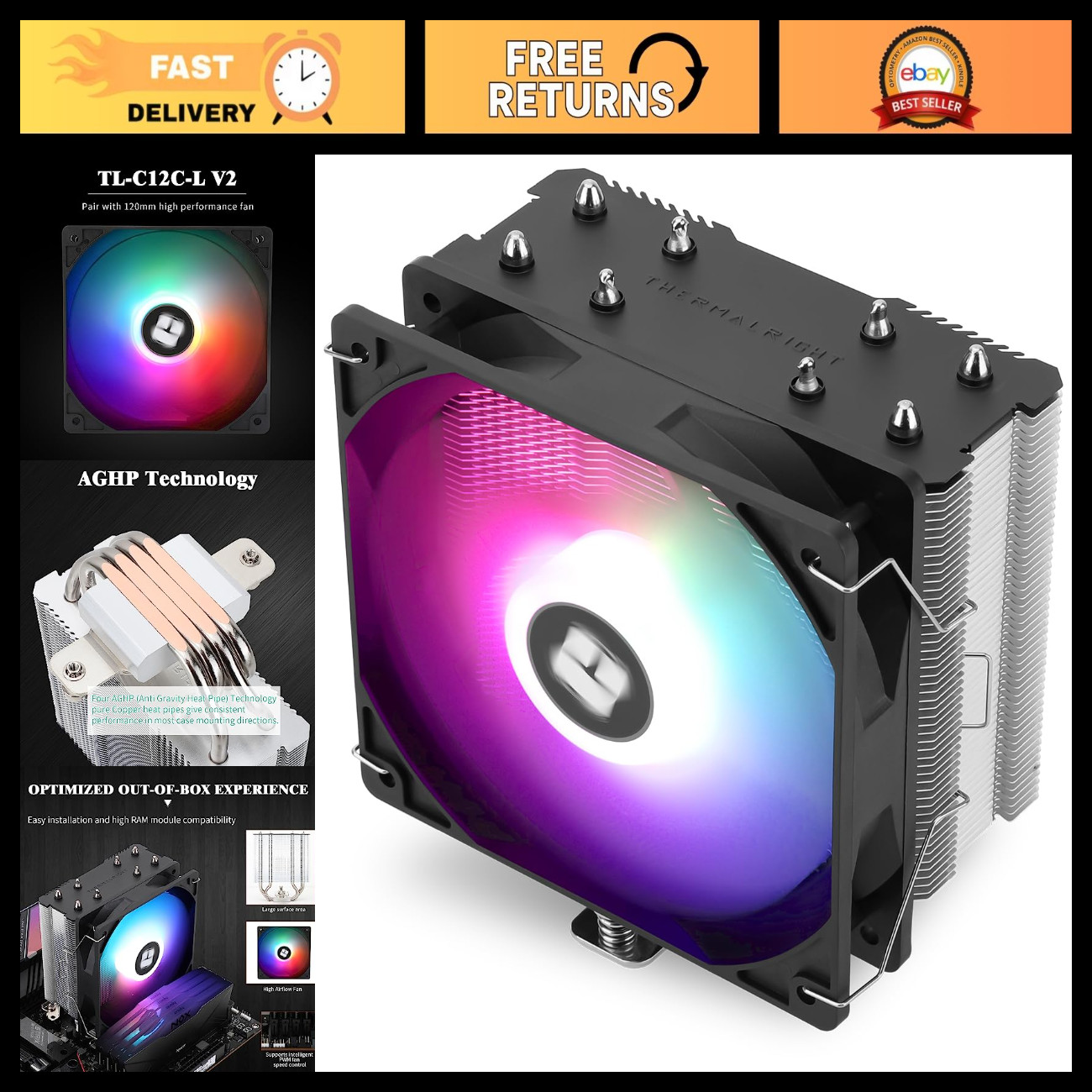 120mm RGB CPU Cooler, 4 Heat Pipes, 1550RPM Quiet Fan, AMD/Intel Compatible