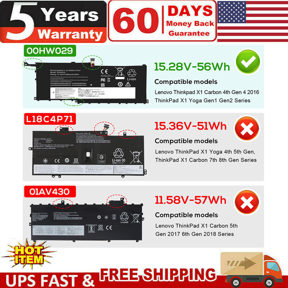 00HW028 00HW029 01AV438 01AV439 Battery for Lenovo ThinkPad X1C Yoga Notebook PC