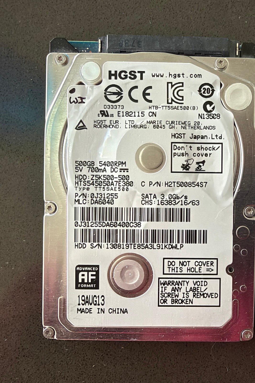 HGST Travelstar 500GB 2.5" SATA HDD HTS545050A7E380 Used
