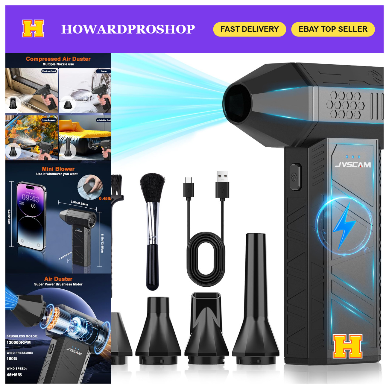 High-Power Compressed Air Duster 130,000 RPM - Brushless Motor Air Blower Cleane