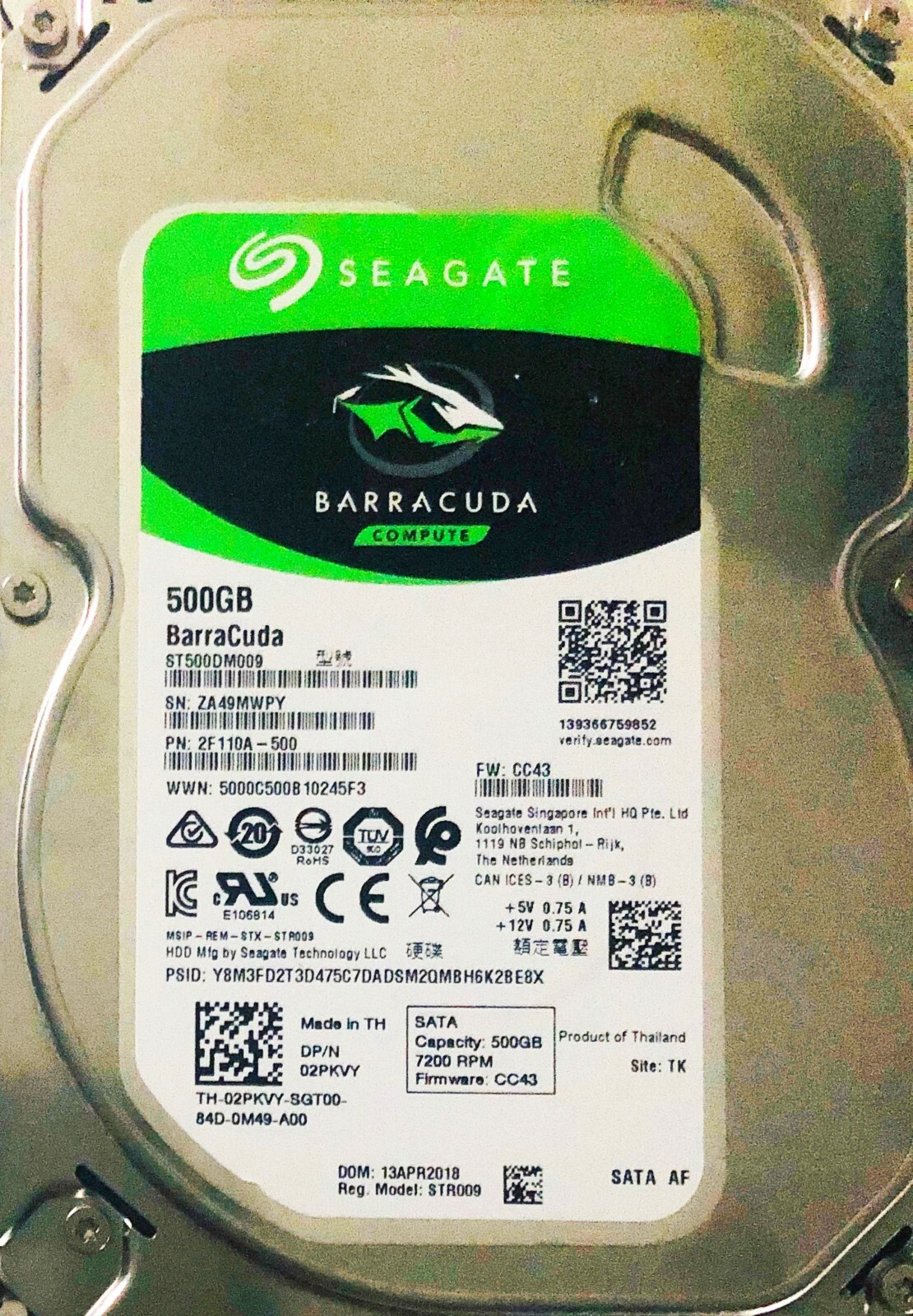  ST500DM009 sn: ZA4 pn: 2F110A-500 fw: CC43 TK 500GB SATA 3.5 HDD A1-07
