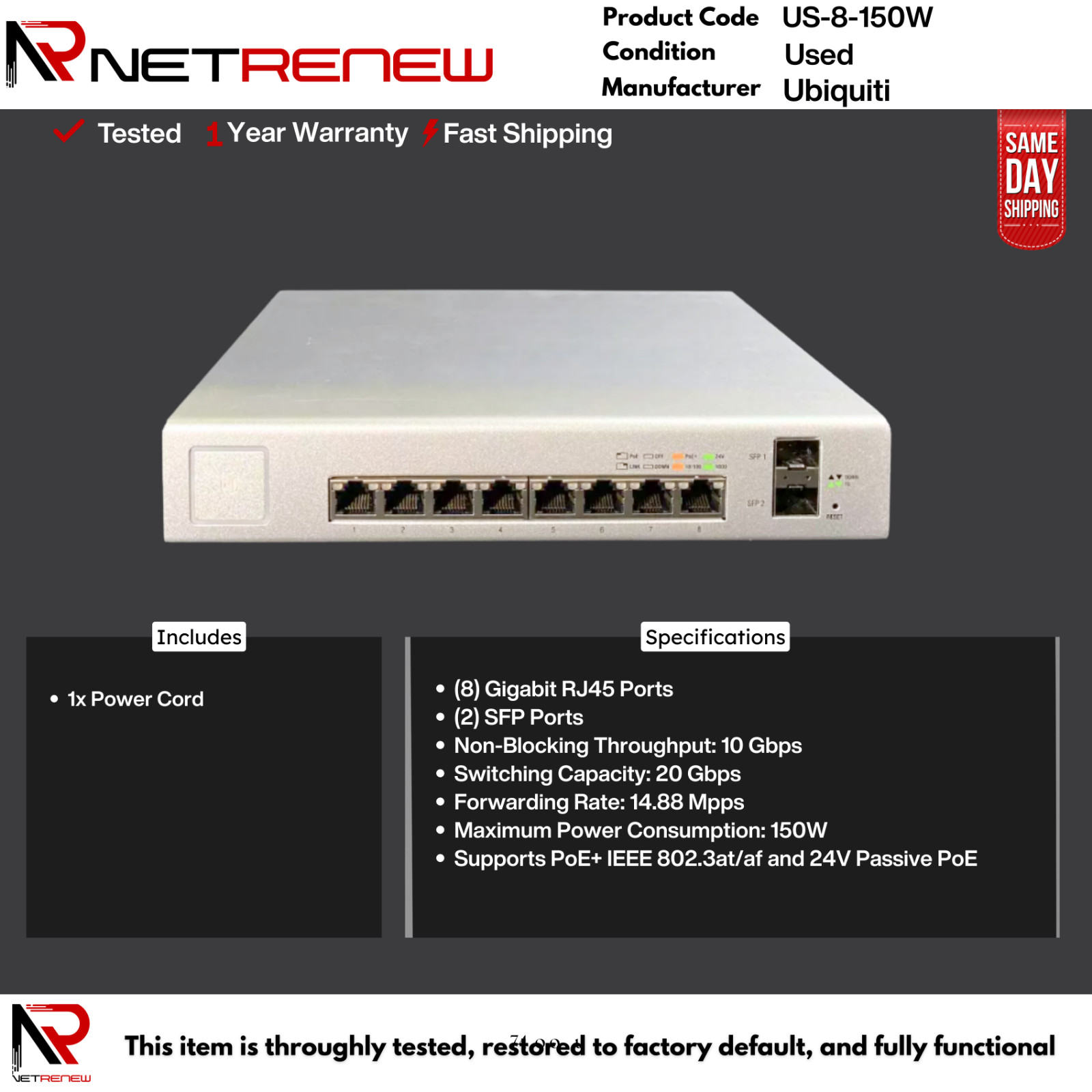 US-8-150W Ubiquiti UniFi Switch 8-Port PoE Gigabit 150W