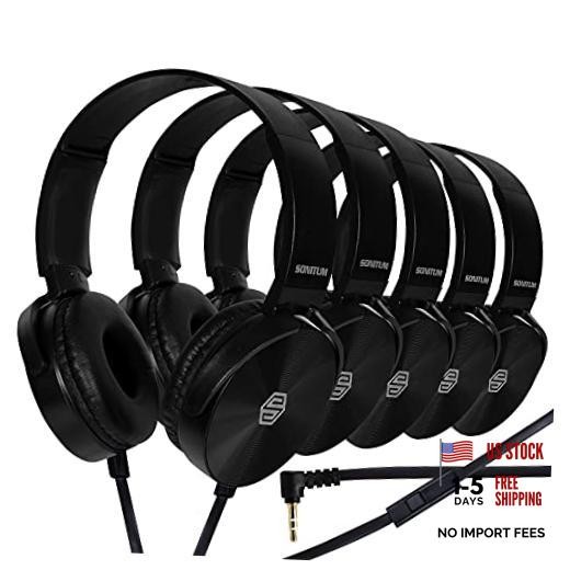 Sonitum Classroom Headphones-Bulk 10-Pack, Student On Ear Black With Microphone