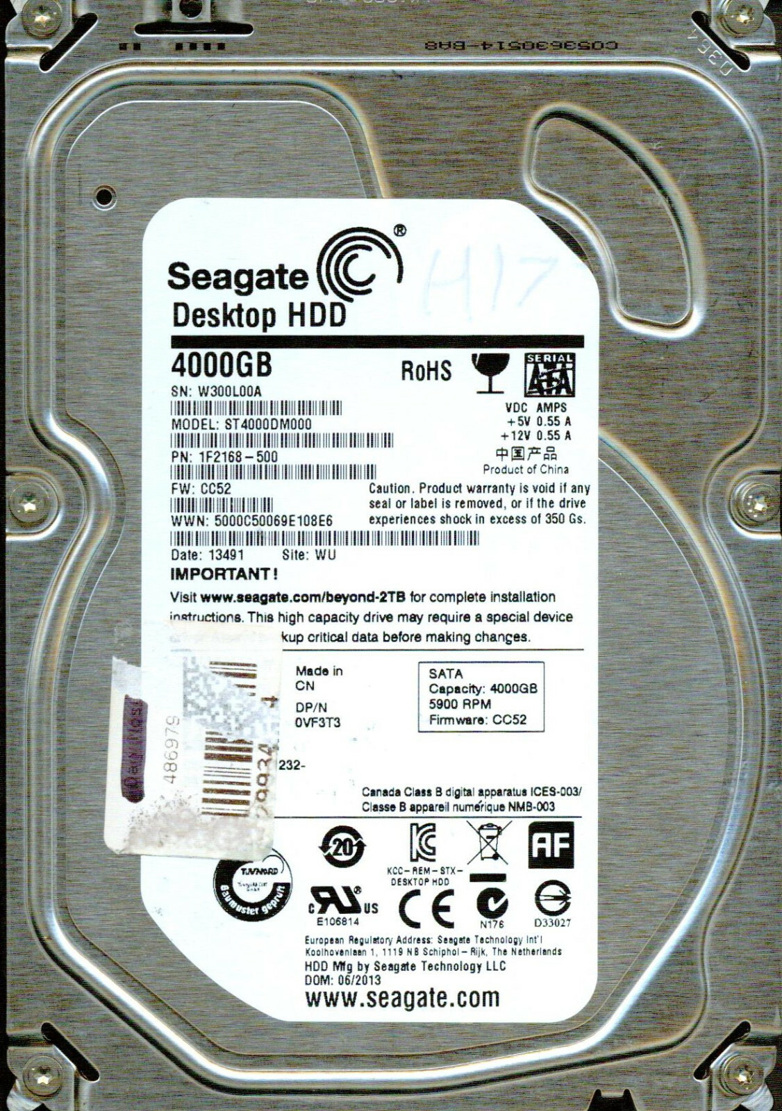 ST4000DM000, 1F2168-500,  CC52,   WU,  W300,  SEAGATE  4TB 