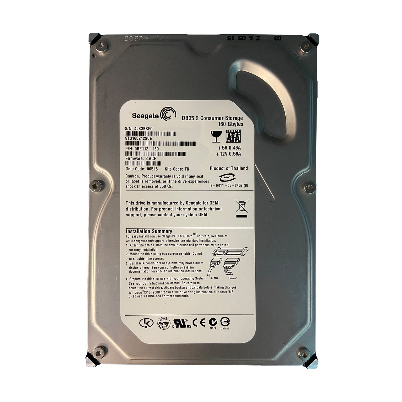 SEAGATE ST3160212SCE 160GB 7.2K SATA 3.5" HDD 9BE112-160