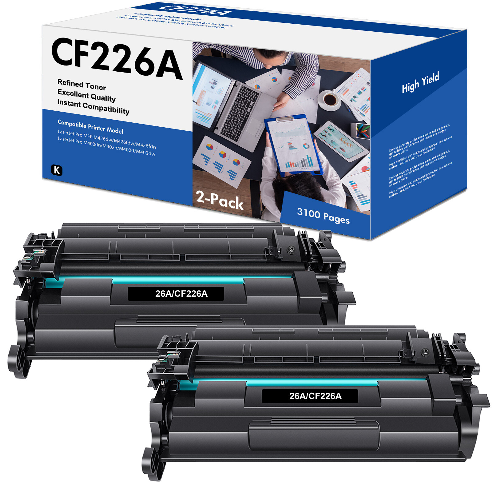 2x Black Ink toner cartridge with HP 26A CF226A LaserJet Pro MFP M426fdw M426fdn