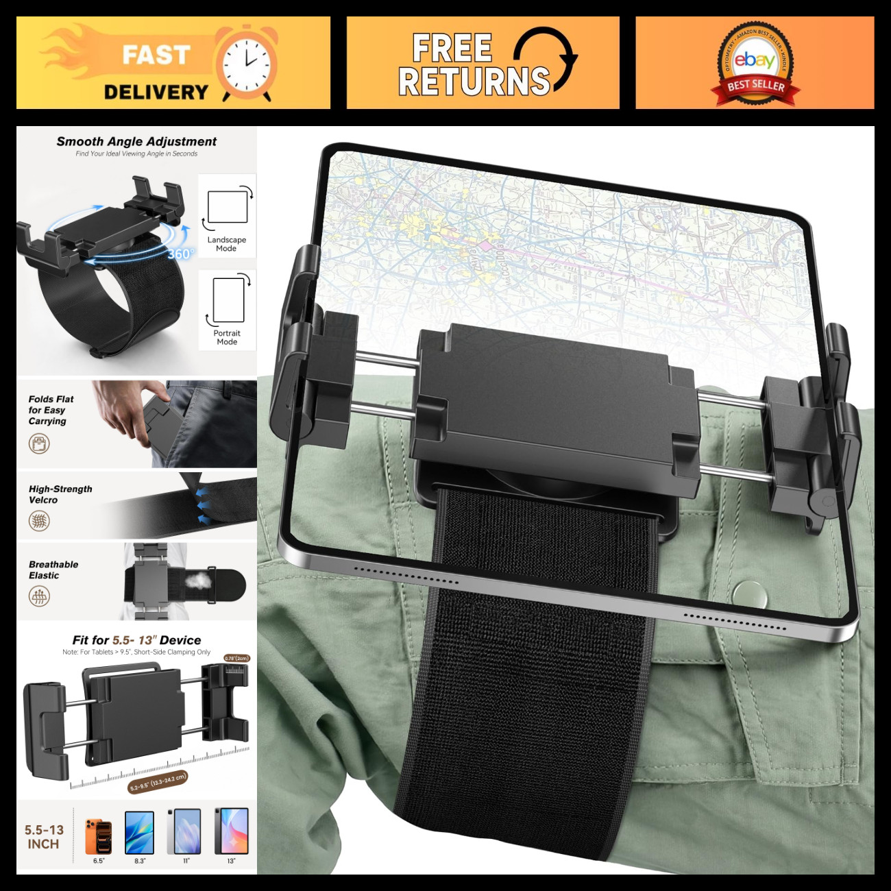 Kneeboard for iPad & 5.5"-13" Tablets - 360° Cockpit Mount, Pilot Accessory