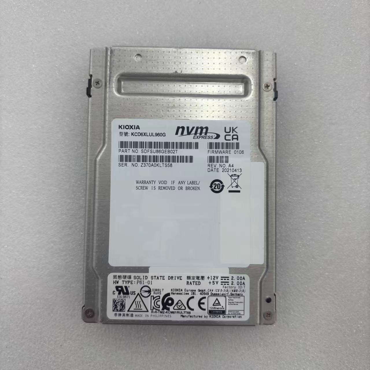 Kioxia KCD6XLUL960G 960GB SDFSU86GEB02T NVMe 2.5 inch SSD Hard Drives