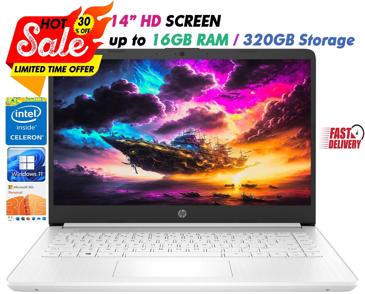 HP Newest Laptop 14"HD Intel 4-Core Up to 16GB RAM & 320GB Storage Win11 White