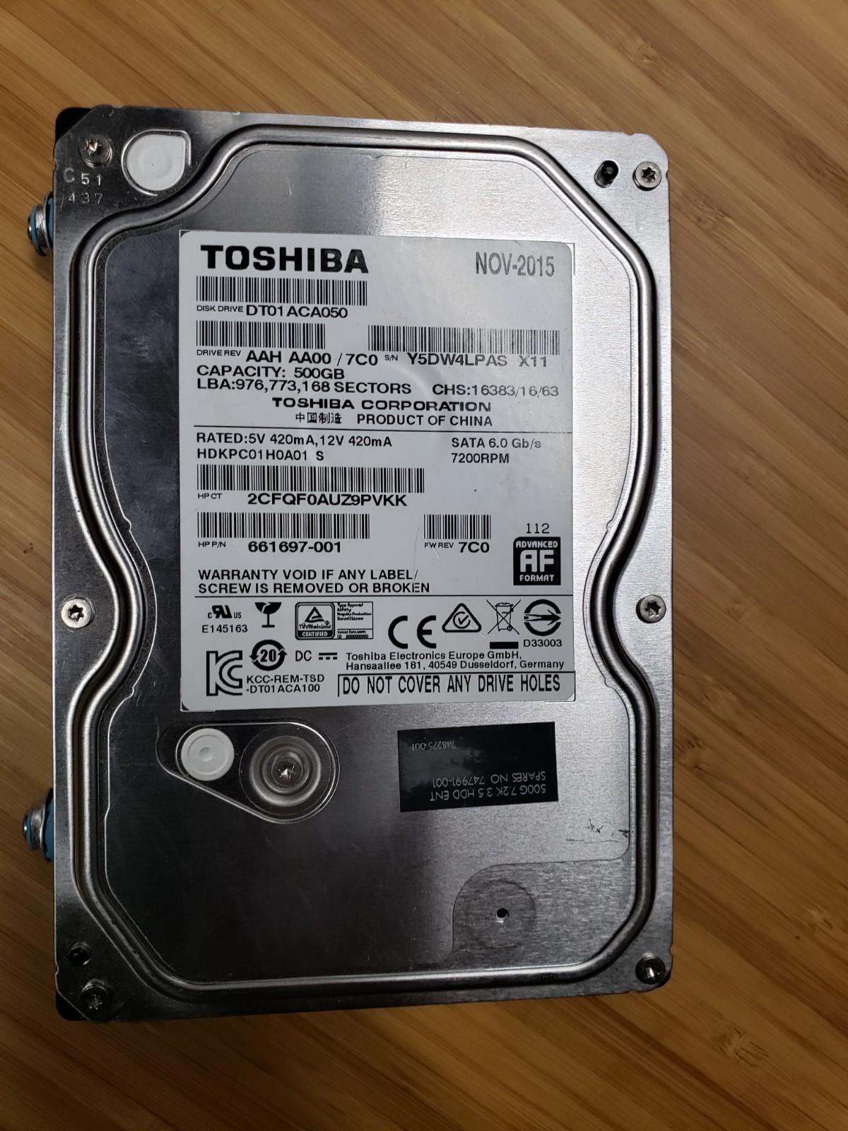 Toshiba 500GB 3.5 inch HDD, Internal,7200 RPM, (DT01ACA050) tested