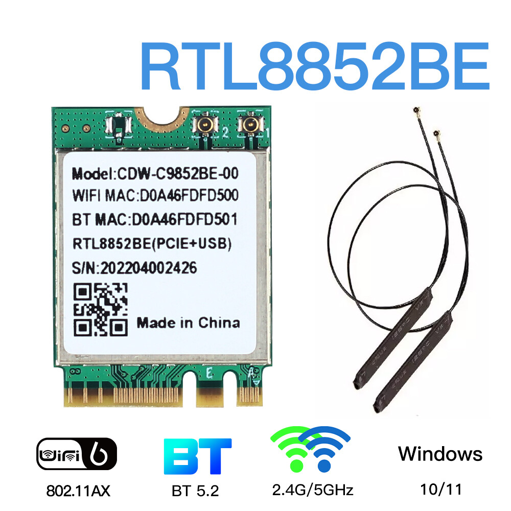 RTL8852BE WiFi 6 Card M.2 2230 Wireless Bluetooth 5.2 WiFi Adapter with Antennas