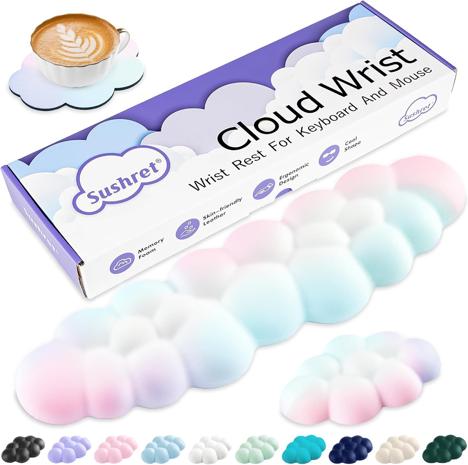 Cloud Wrist Rest Keyboard, Cloud Keyboard Wrist Pad Set with PU Leather-Rainbow