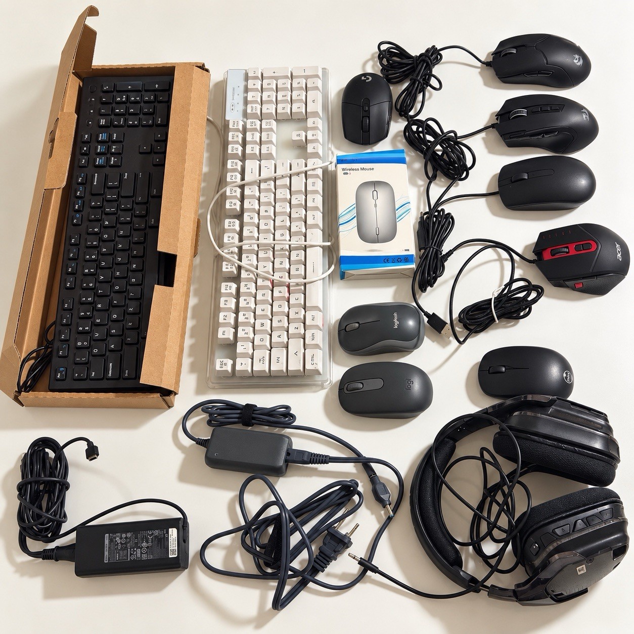 Computer Accessories Lot – Keyboards, Mice, Logitech Headset & Power Adapters