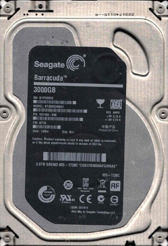 ST3000DM001 P/N: 1CH166-046 F/W: AP18 WU W1F5 APPLE 655-1726C Seagate 3TB