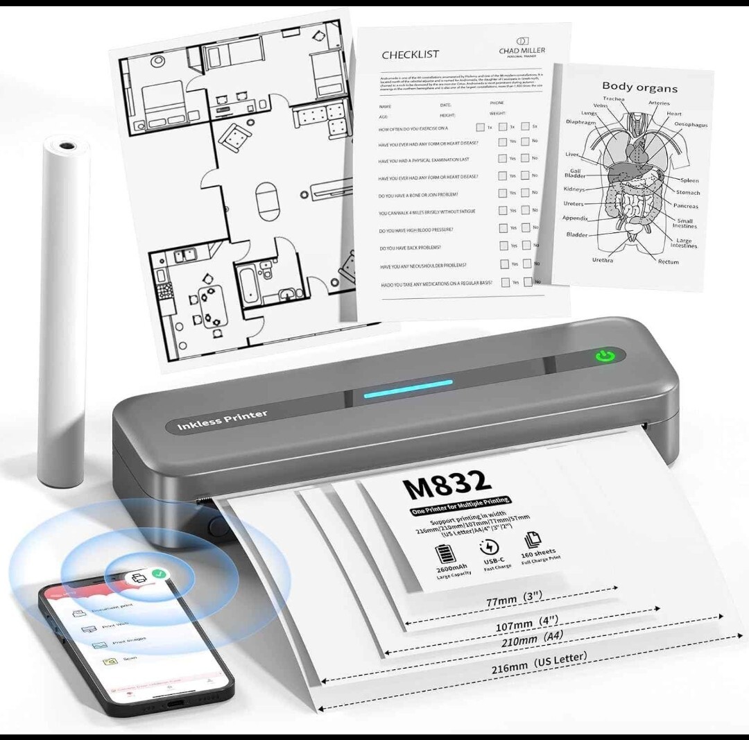 Itari M832 Thermal Portable Printers Wireless for Travel, 300dpi Inkless Printer