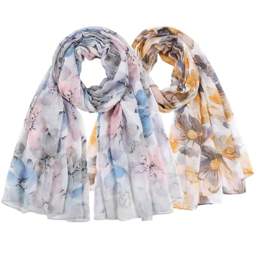 2 PCS Long Chiffon Sheer Scarf Fashion Silk Scarves 05-blue/Yellow