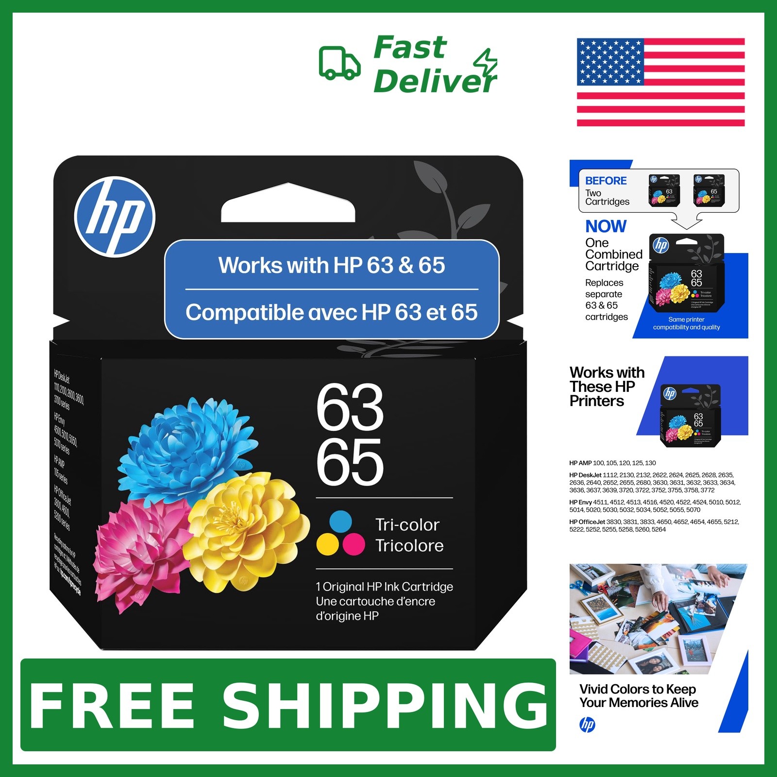 HP Tri-Color Ink Cartridge 63/65, 100 Pages