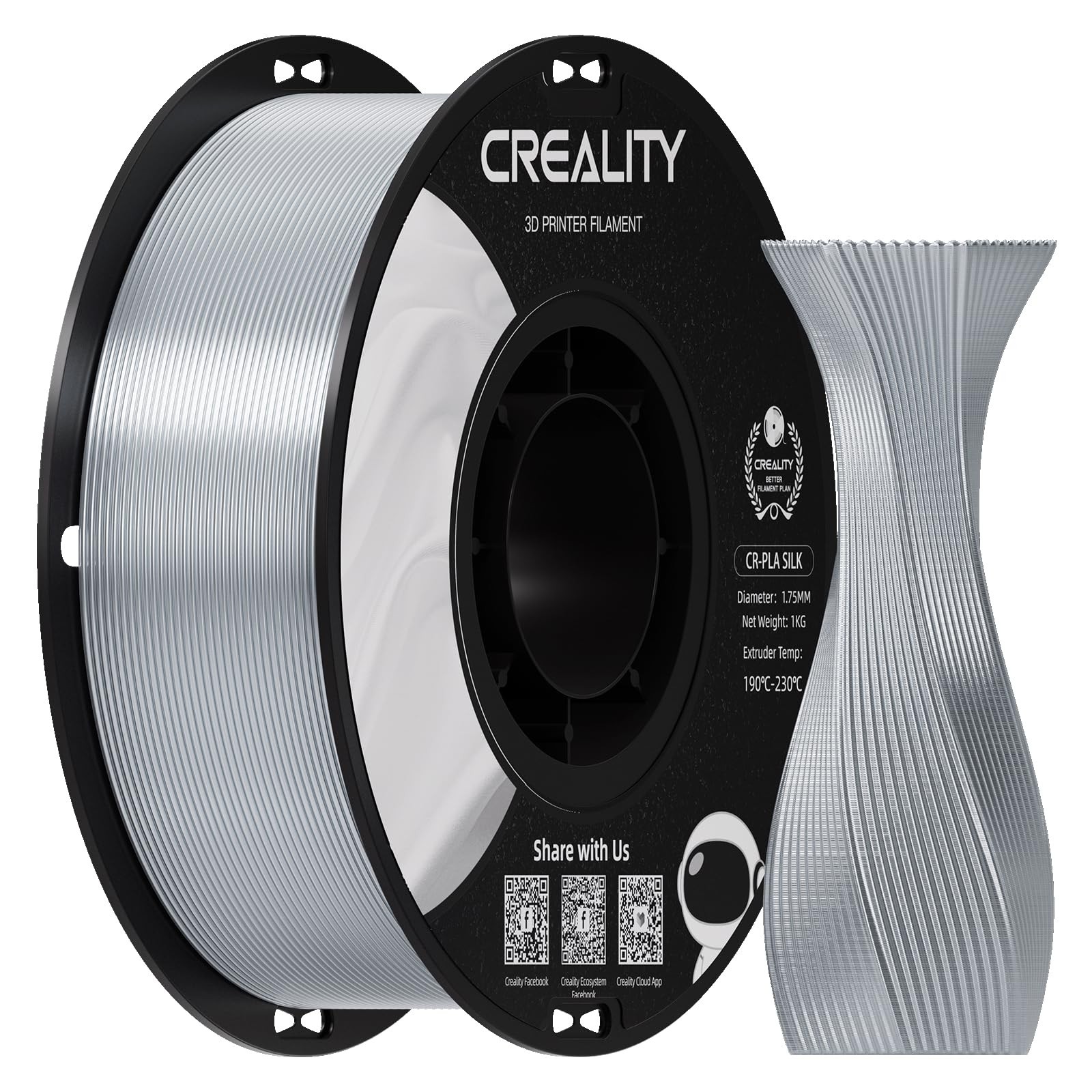 Creality Silk PLA 3D Printer Filament, Metallic Silver PLA Filament 1.75mm, H...