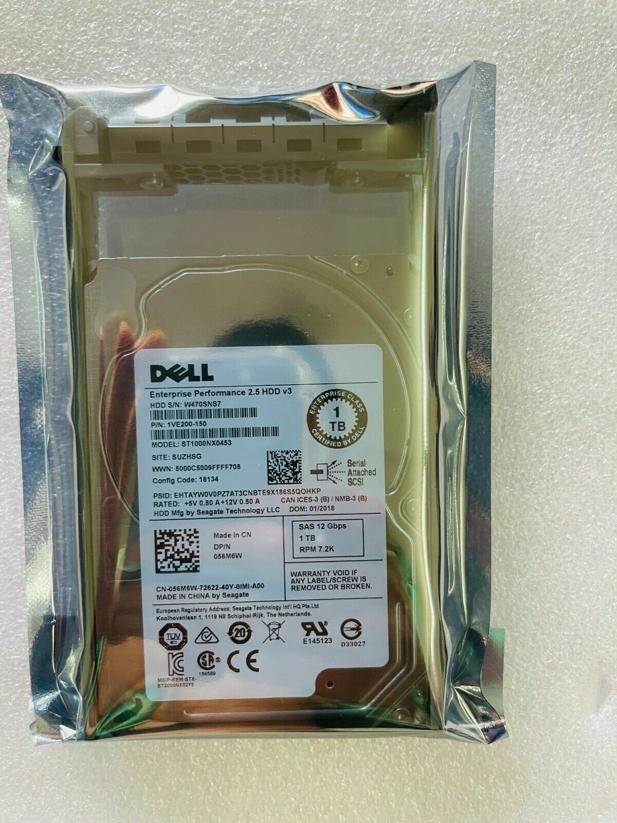 FIT FOR Dell 56M6W 056M6W 1TB 7.2K RPM 12Gbps 2.5"SAS HDD ST1000NX0453 w/ Tray