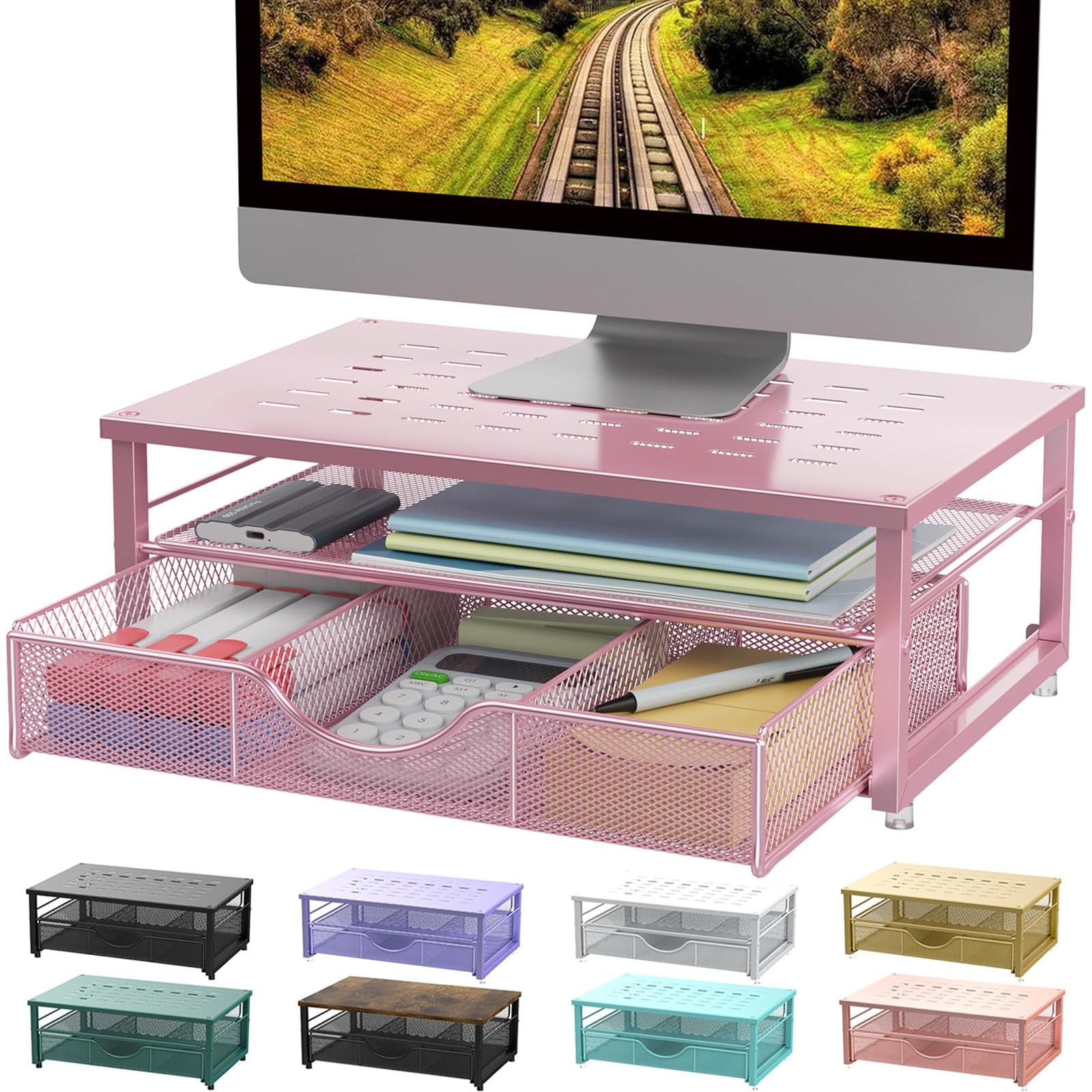 Computer Monitor Stand Riser with Drawer 14.1" x 9.64" x 5.31", Pink