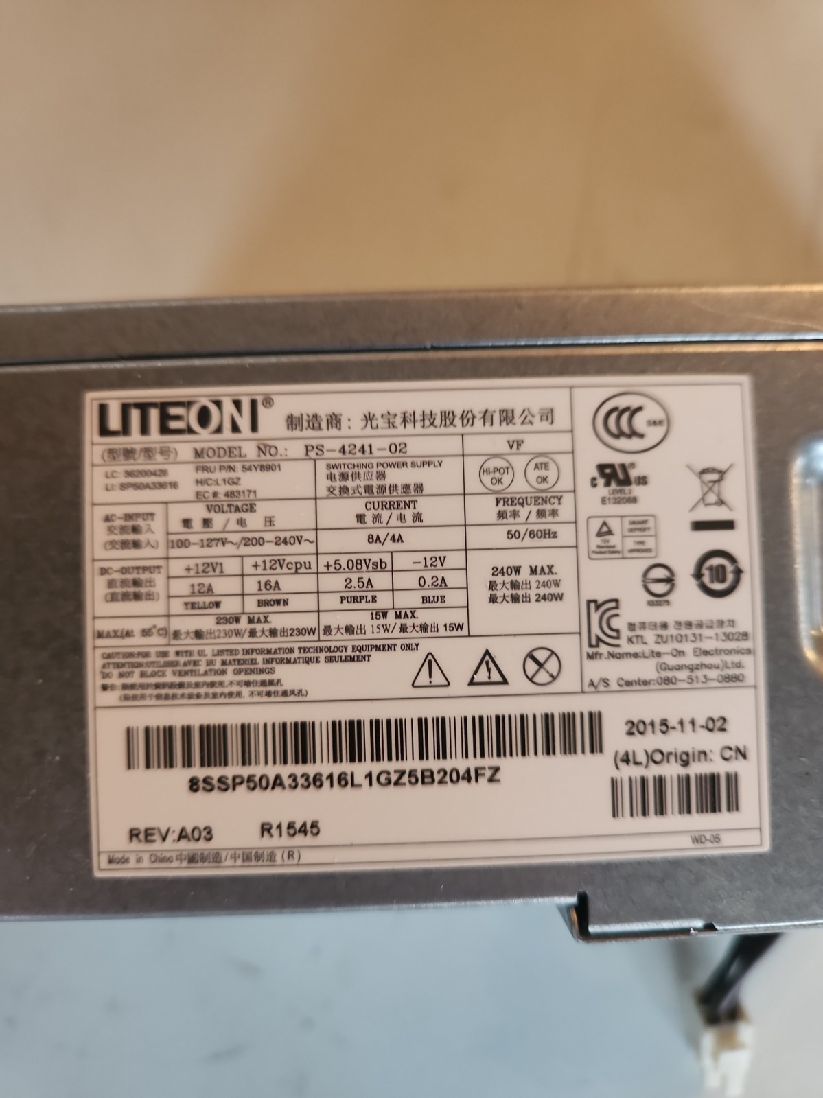Liteon  240W PS-4241-02 Power Supply Tested Working PSU 