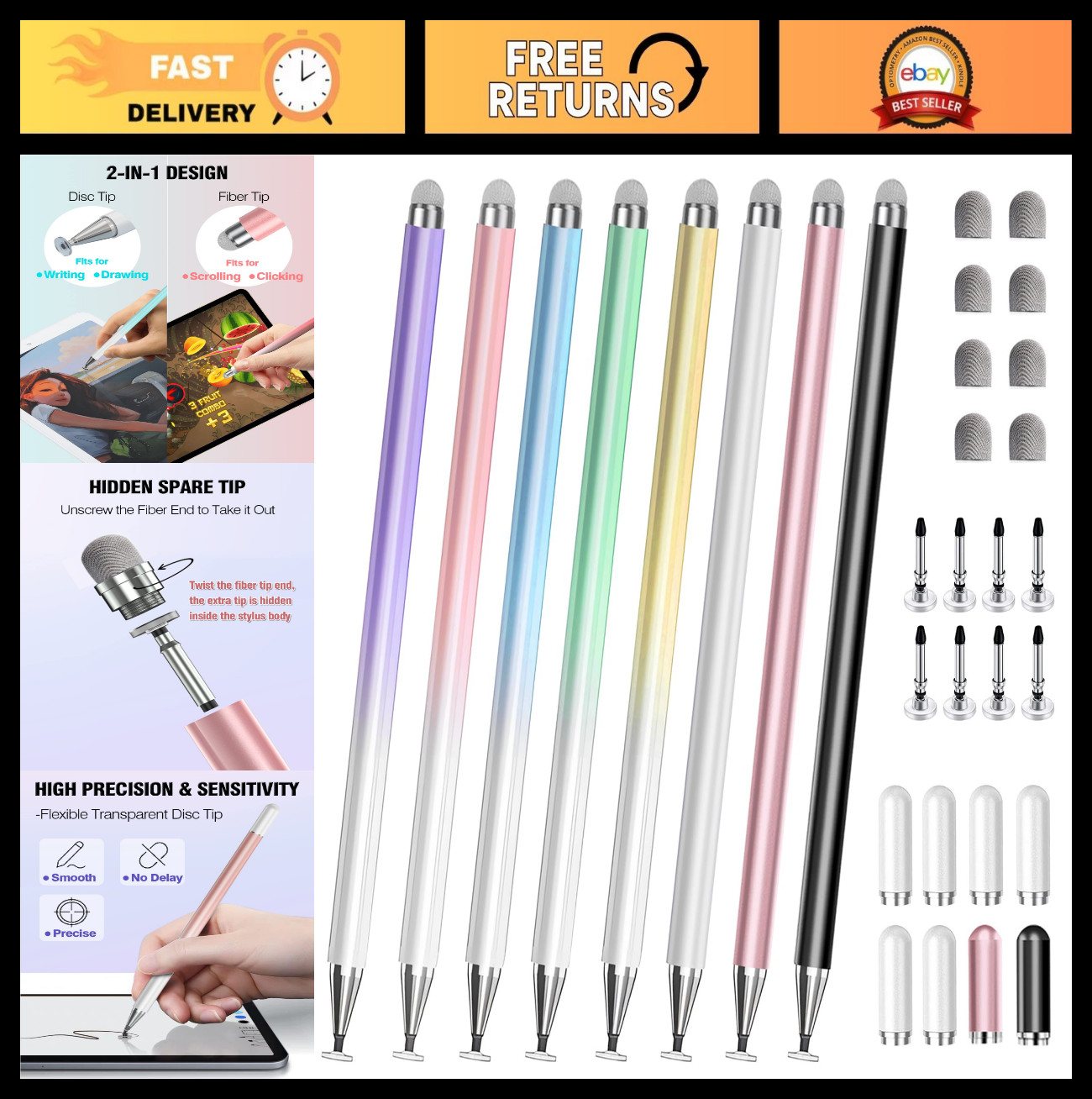 2-in-1 Stylus Pens for Touchscreens, Fine Disc Tip, Compatible with Tablets, iPh