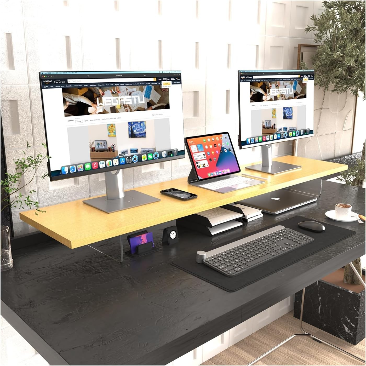 WEGASTU Clear Acrylic Dual Monitor Stand Height Adjustable Riser Desk Organizer