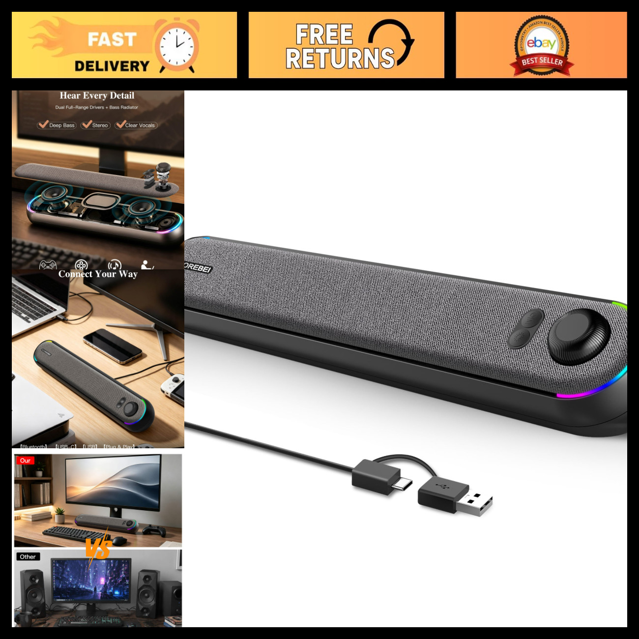 USB Powered SoundBar Speakers for Home Office, Bluetooth 5.3, Hi-Fi Stereo, RGB