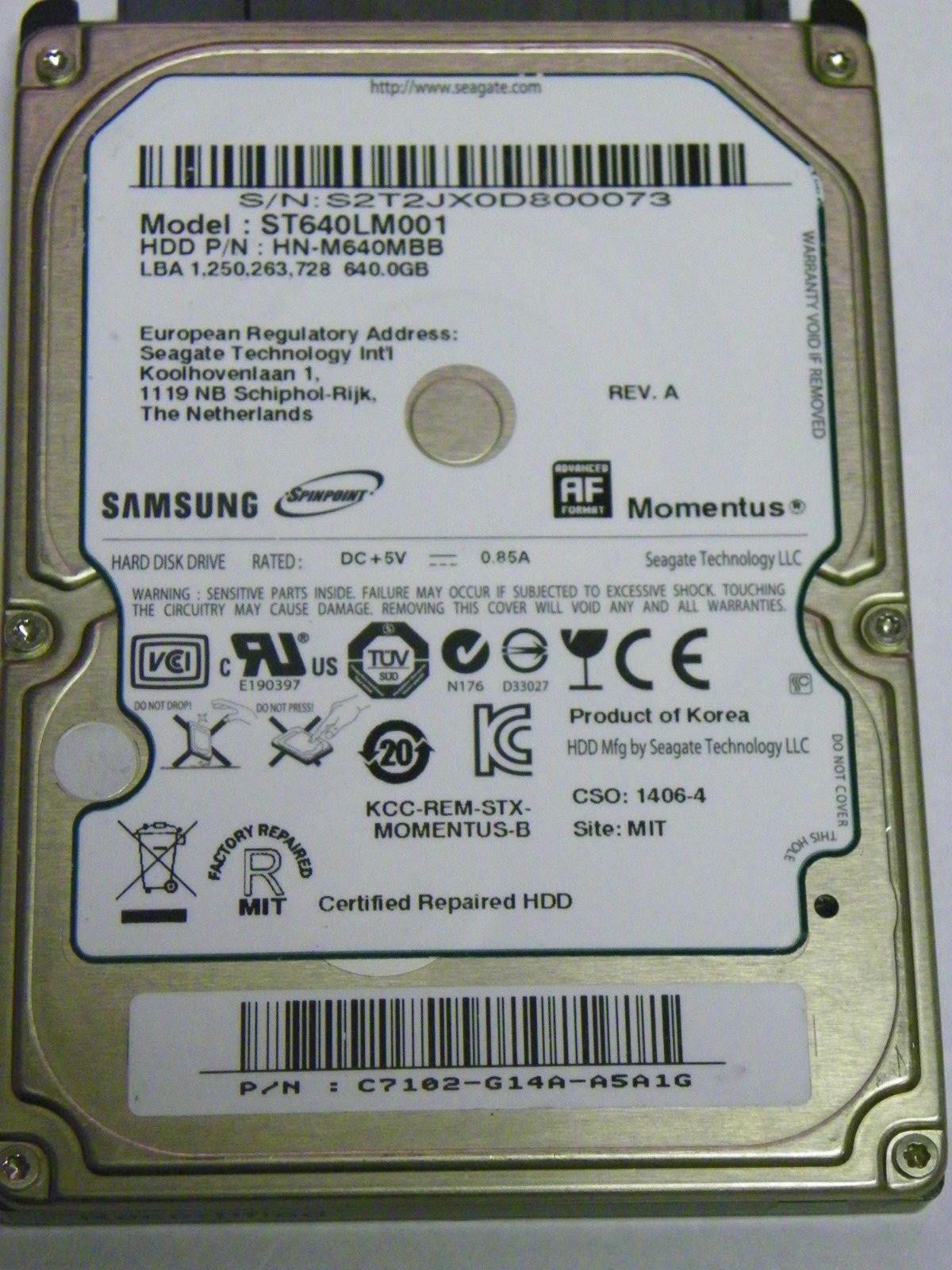 Samsung ST640LM001 P/N HN-M640MBB Laptop 640GB 2.5" SATA Hard Drive
