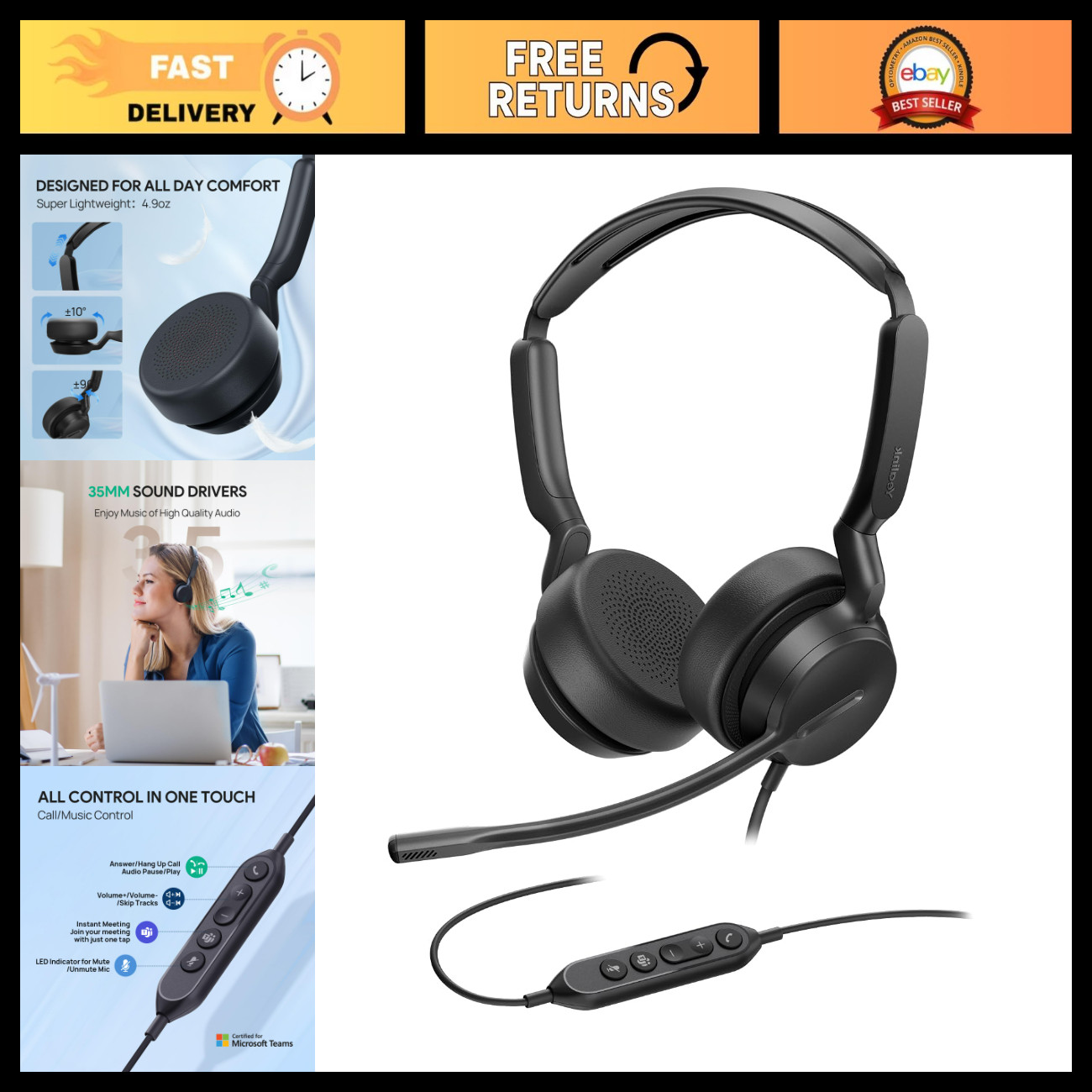 USB-C Wired Headset with AI Noise Cancelling Mic & In-Line Controls, Comfortable