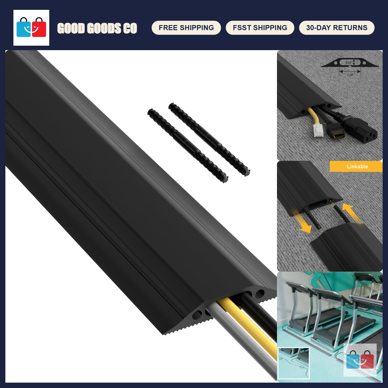 30ft Floor Cord Cover - Linkable Cable Protector, Hide & Protect Cords, Heavy Du